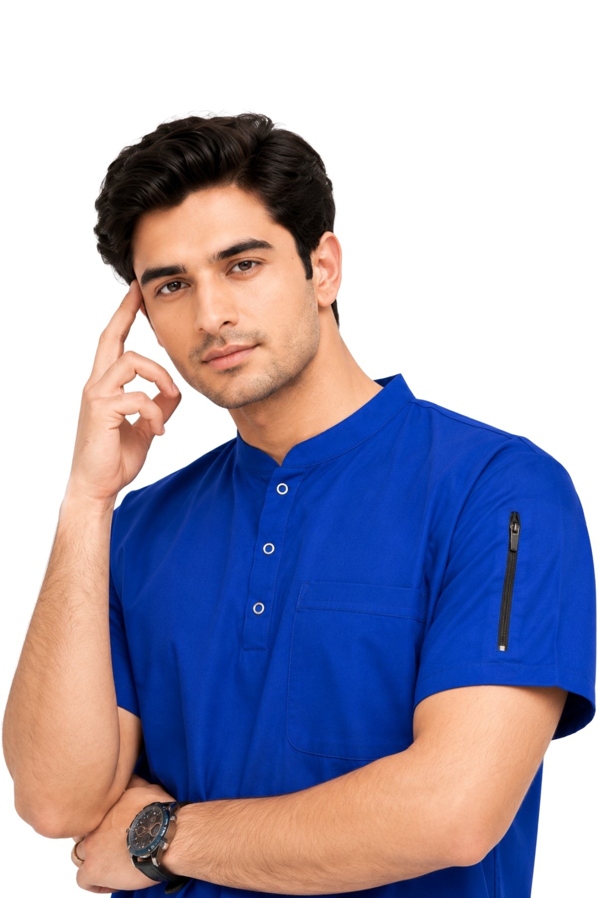 Clozzi men royal blue scrub top close up mandarin collar shoulder zip pocket detail Pakistan