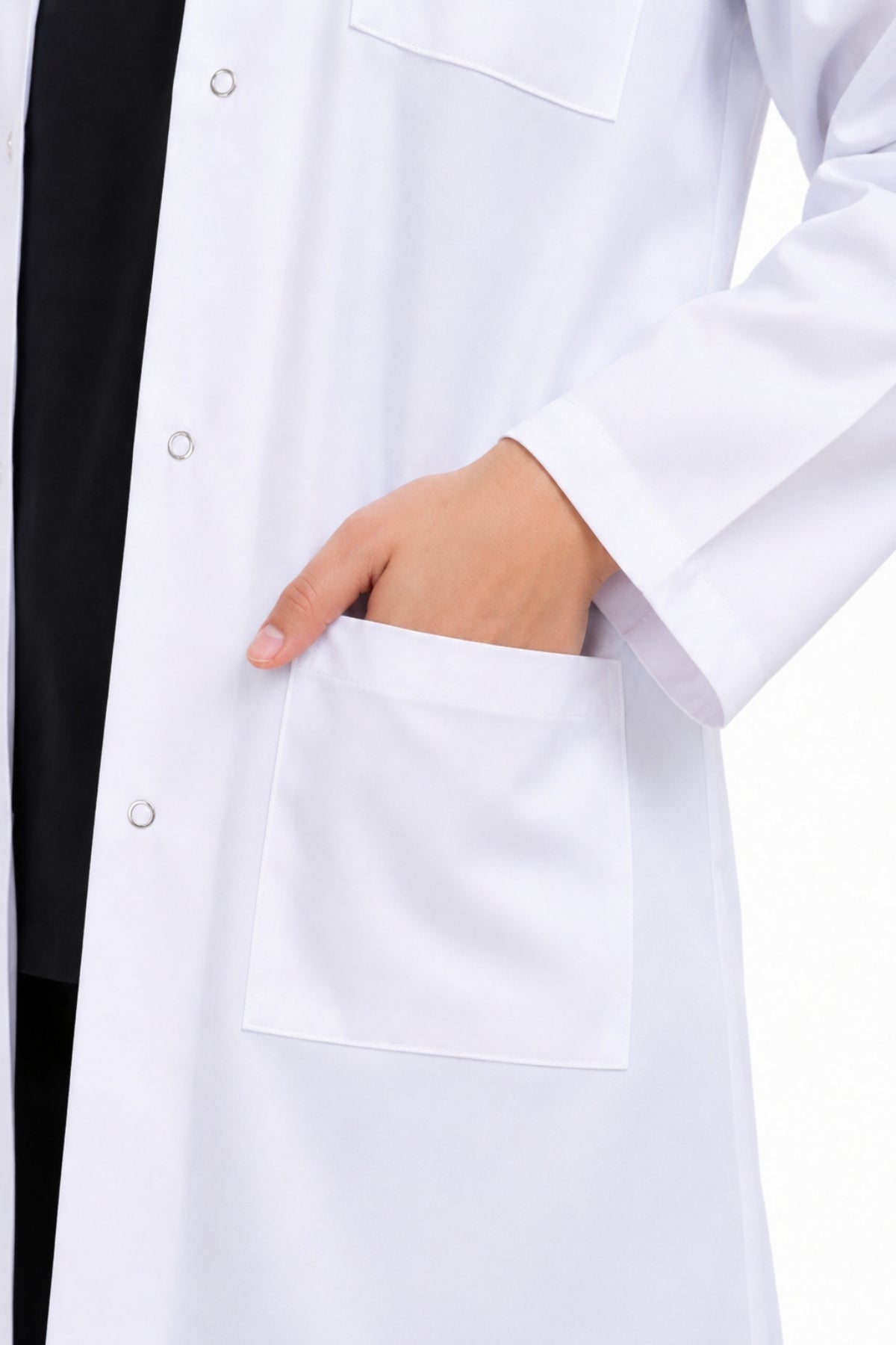 Clozzi unisex clinical lab coat waist patch pocket close up snap button detail Pakistan