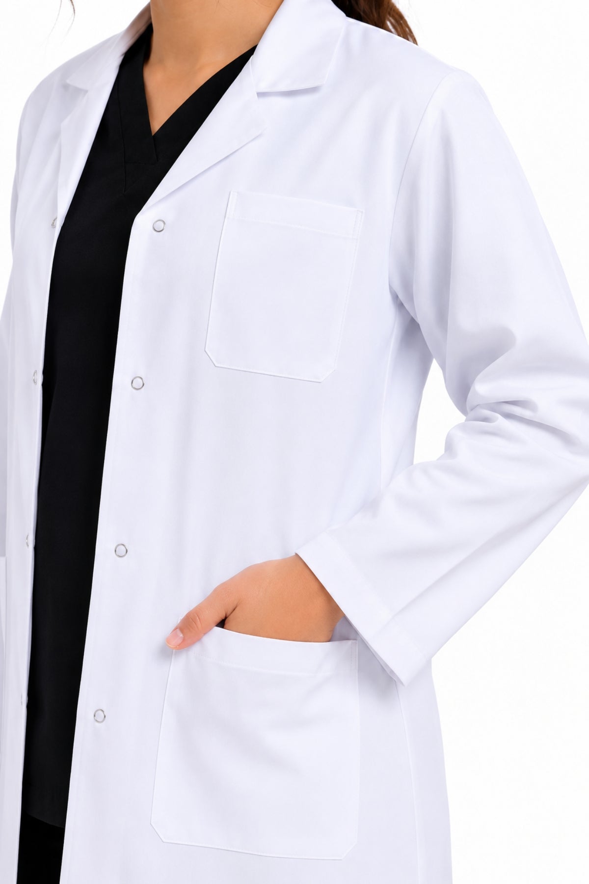 Clozzi unisex clinical lab coat chest pocket waist pocket close up snap button detail Pakistan