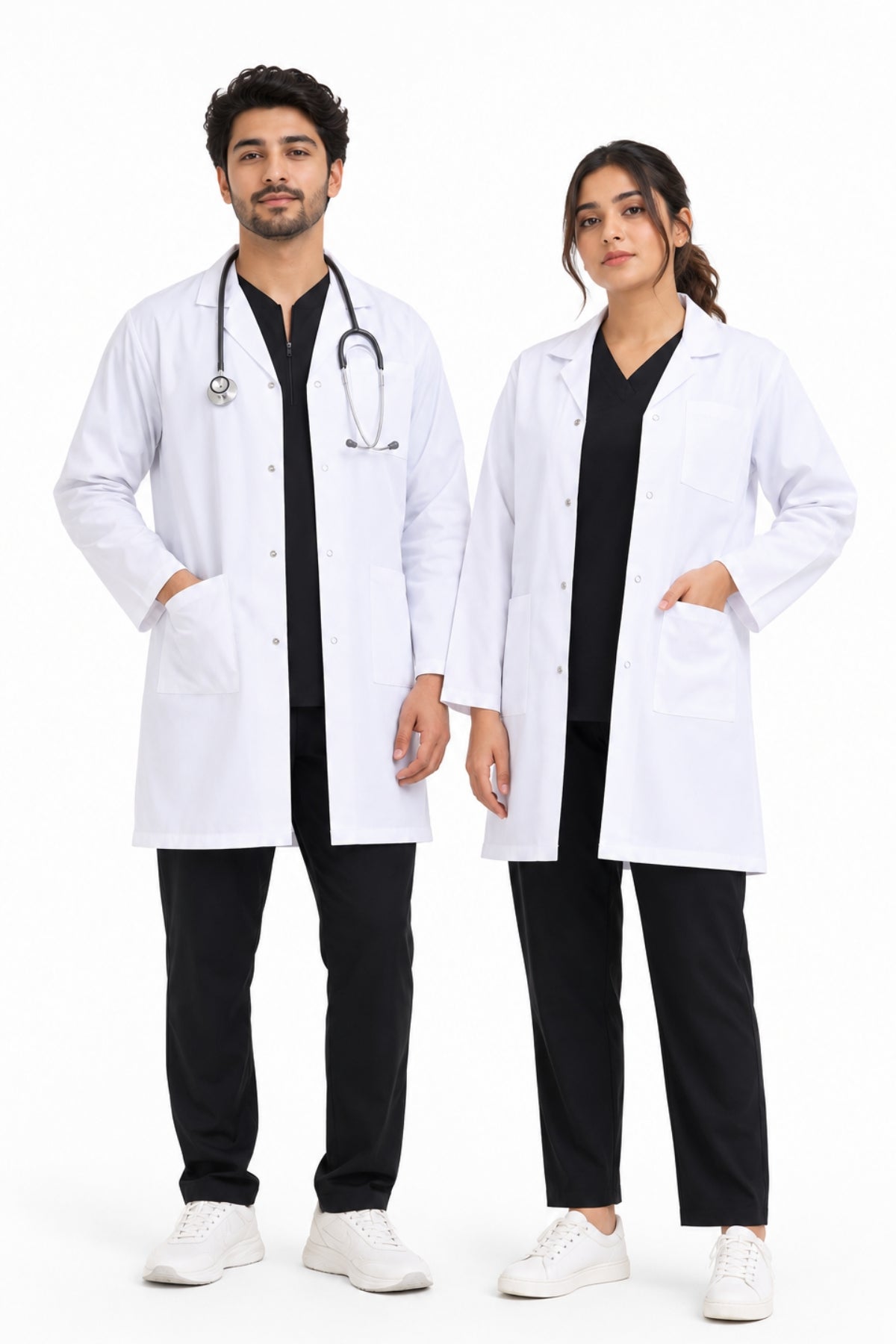 Clozzi unisex white clinical lab coat front view male female patch pocket button closure Pakistan