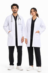 Clozzi unisex white clinical lab coat front view male female patch pocket button closure Pakistan