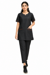 Clozzi women’s black multi-pocket scrub set with orange piping front view