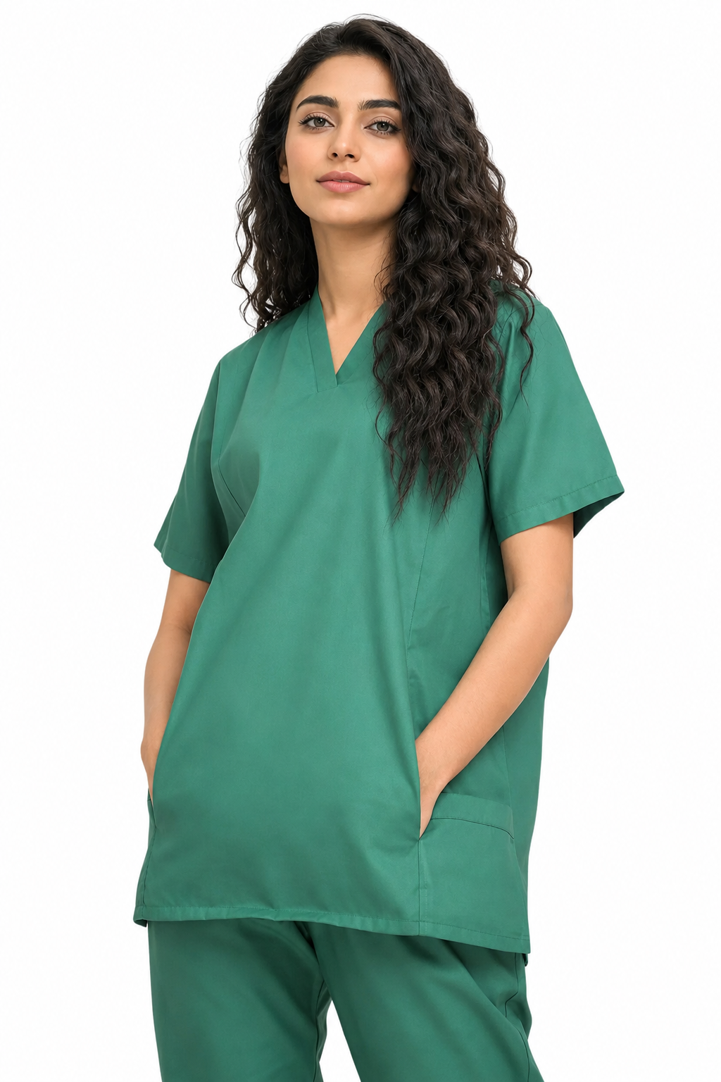 Clozzi women’s green V-neck scrub top with slash pockets close-up
