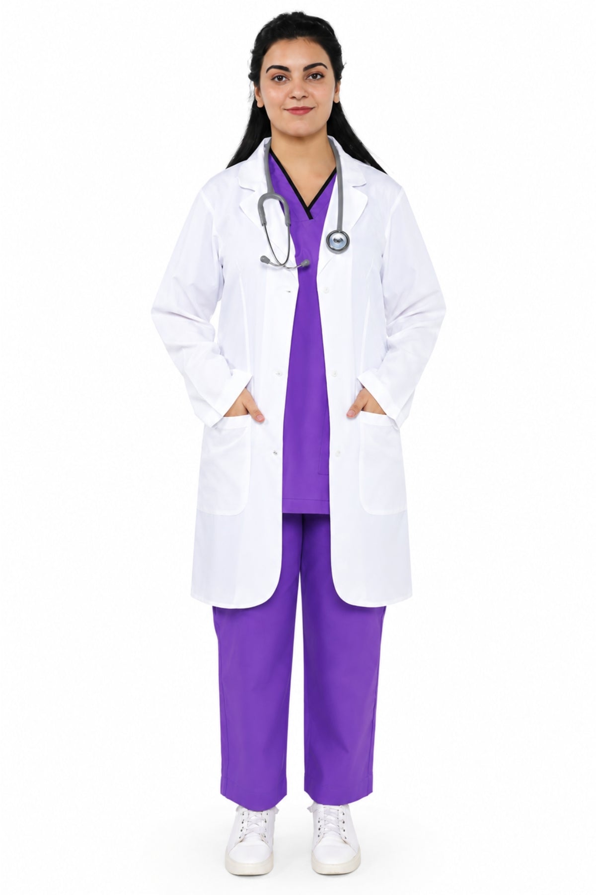 Clozzi women white medical student 2 pocket lab coat full front view purple scrub stethoscope Pakistan