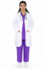 Clozzi women white medical student 2 pocket lab coat full front view purple scrub stethoscope Pakistan