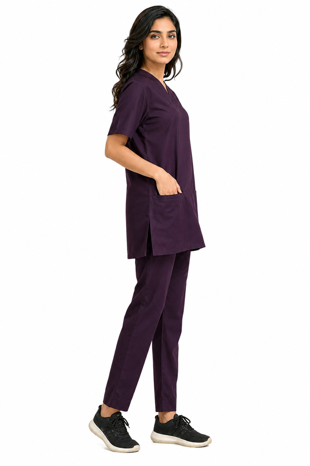 Elegance-Fit scrub set in walking pose with straight-leg trousers