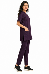 Elegance-Fit scrub set in walking pose with straight-leg trousers