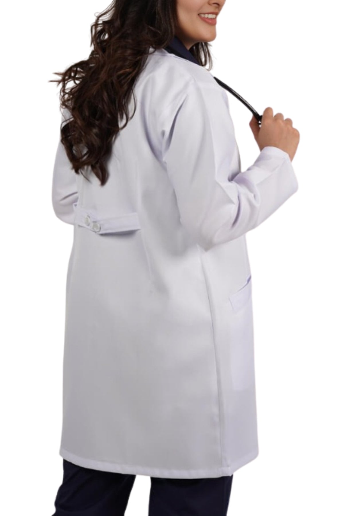 Clozzi women white lab coat back view long sleeve utility doctor coat with stethoscope Pakistan