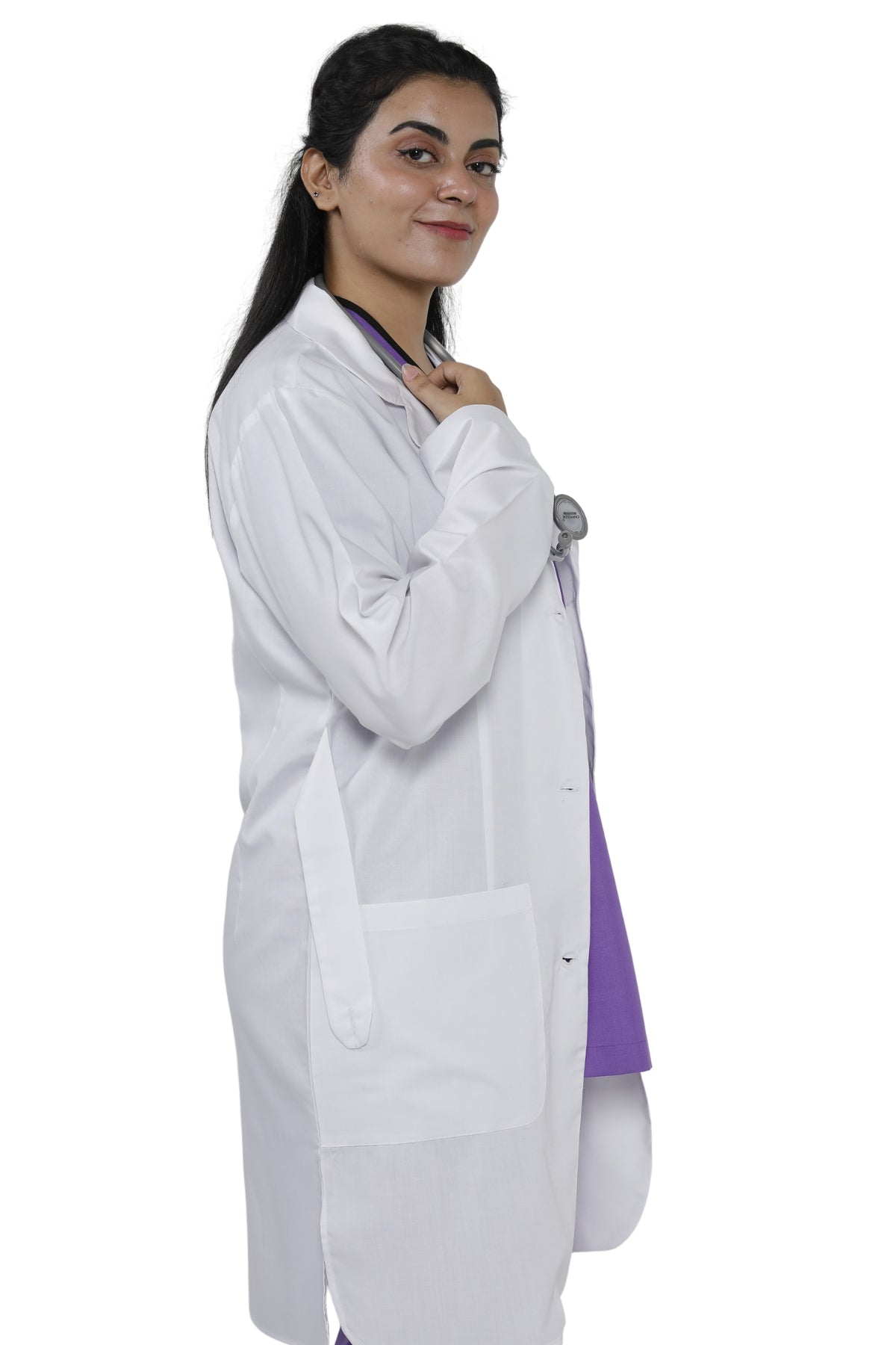 Clozzi women white medical student lab coat side view patch pocket worn over purple scrub Pakistan