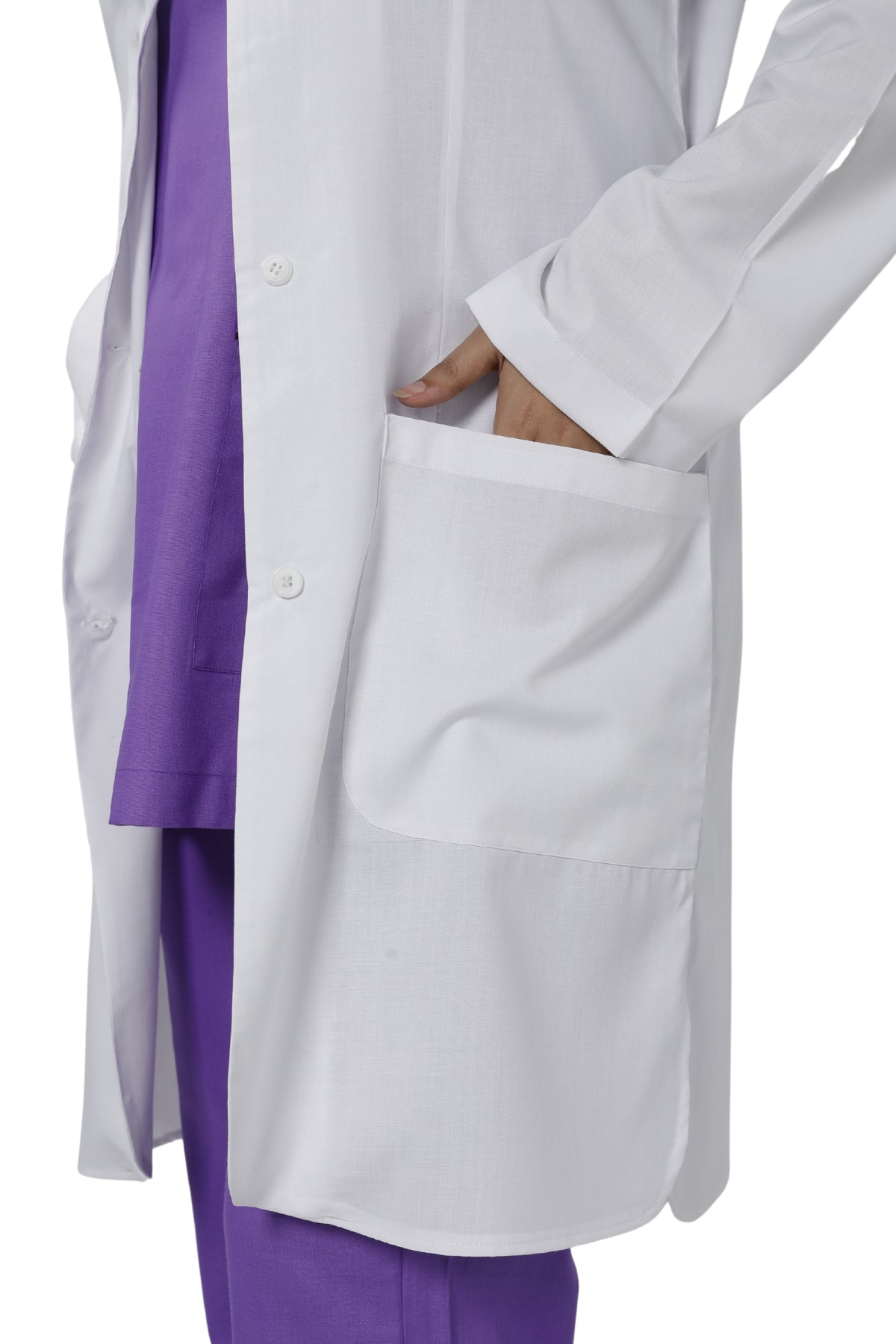 Clozzi women medical student lab coat 2 patch pocket detail close up white doctor coat Pakistan