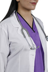 Clozzi women white medical lab coat collar detail close up worn with purple v-neck scrub top Pakistan