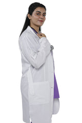 Clozzi women white medical student lab coat side view patch pocket worn over purple scrub Pakistan