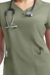 Practitioner 4-Pocket Henley Scrubs Top - front close up