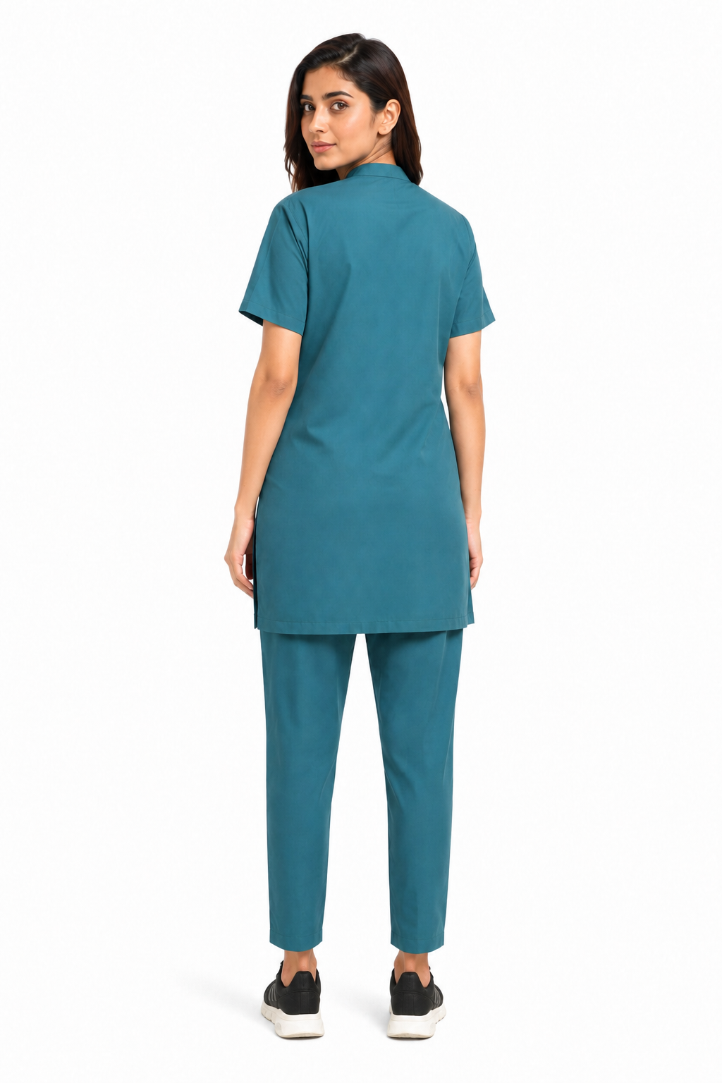 Pulse-Seam scrub top and straight-leg trousers back view