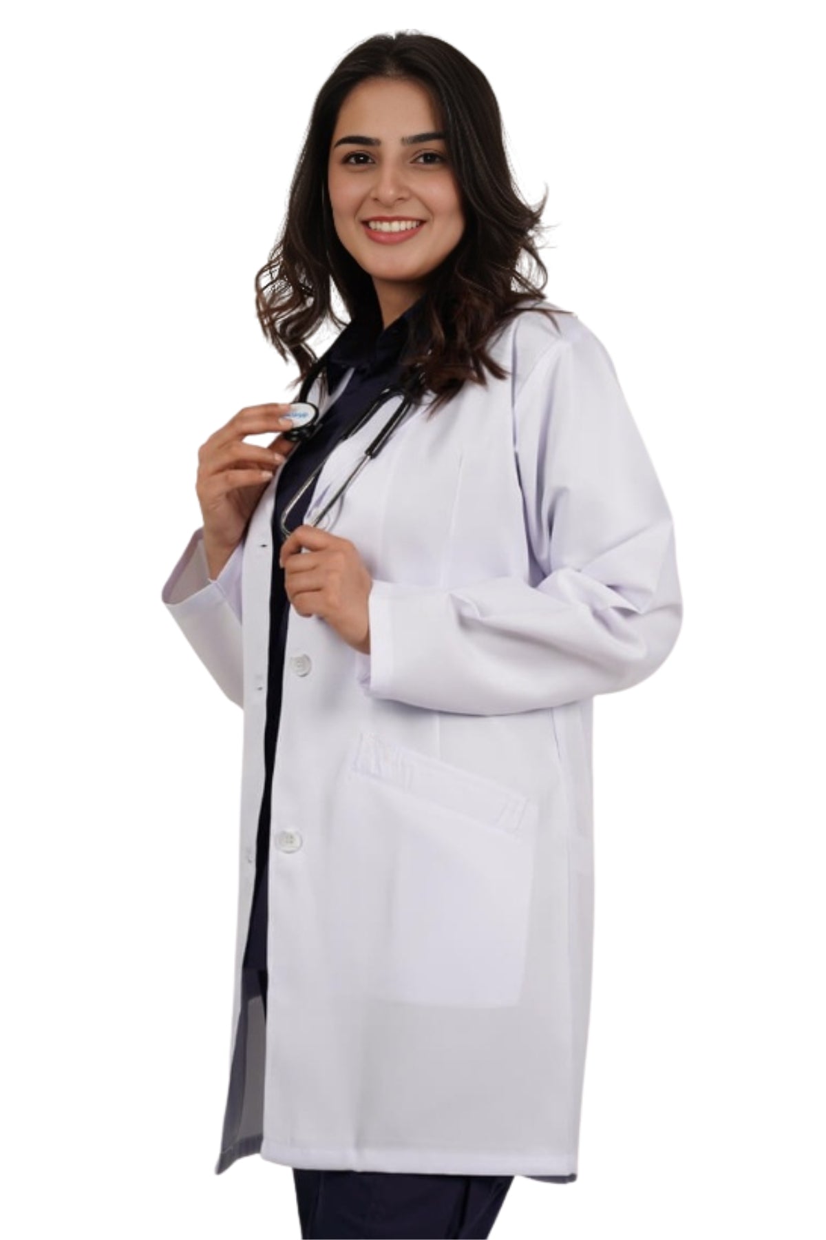 Clozzi women white medical lab coat side view button closure slant pocket utility coat Pakistan