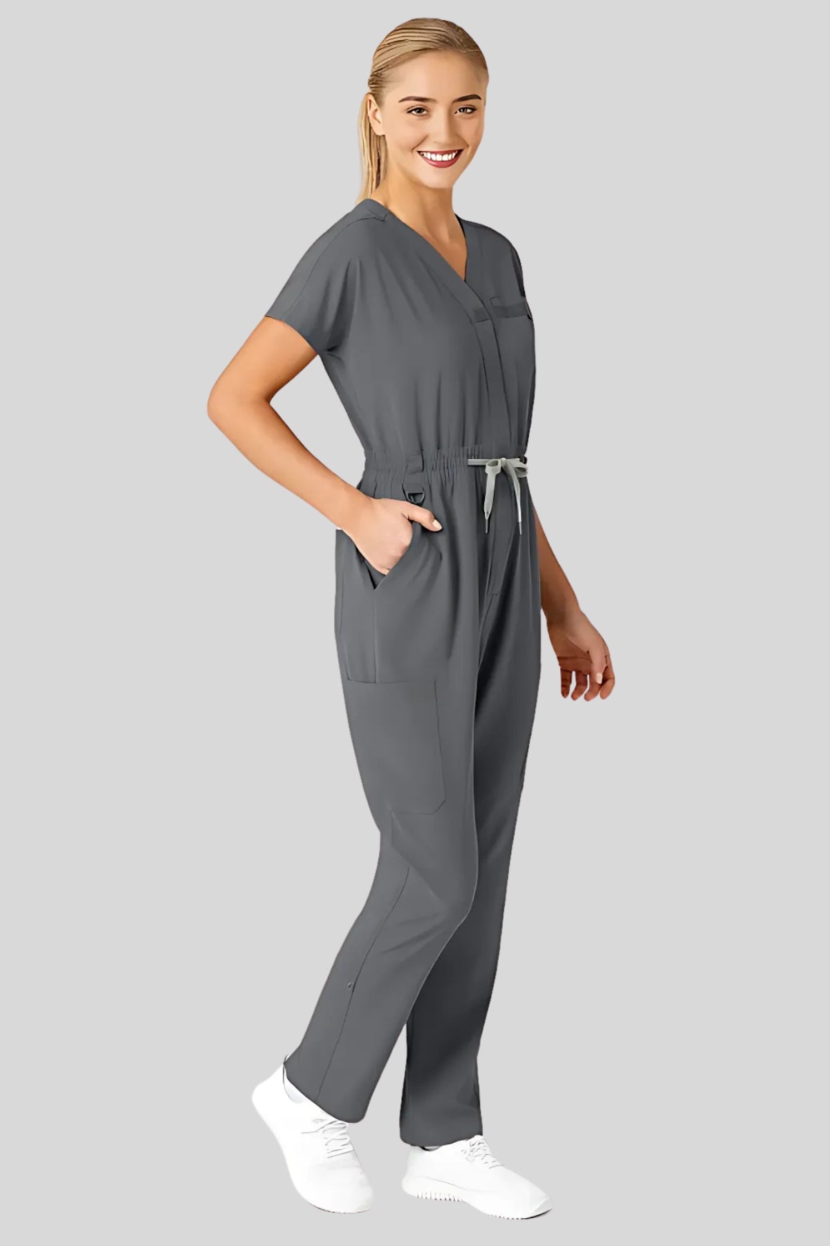 V-Neck Medical Jumpsuit with Drawstring Waist and Pockets