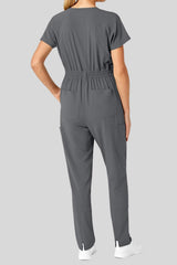 V-Neck Medical Jumpsuit with Drawstring Waist and Pockets-Back View