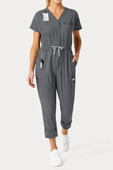 V-Neck Medical Jumpsuit with Drawstring Waist and Pockets