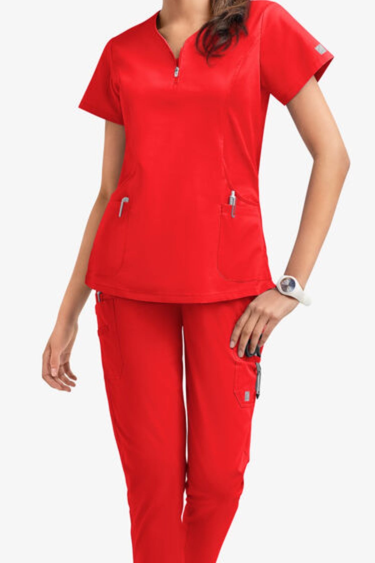 Women's 4-Pocket Curved Neck Zipper Scrub Top