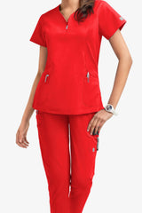 Women's 4-Pocket Curved Neck Zipper Scrub Top