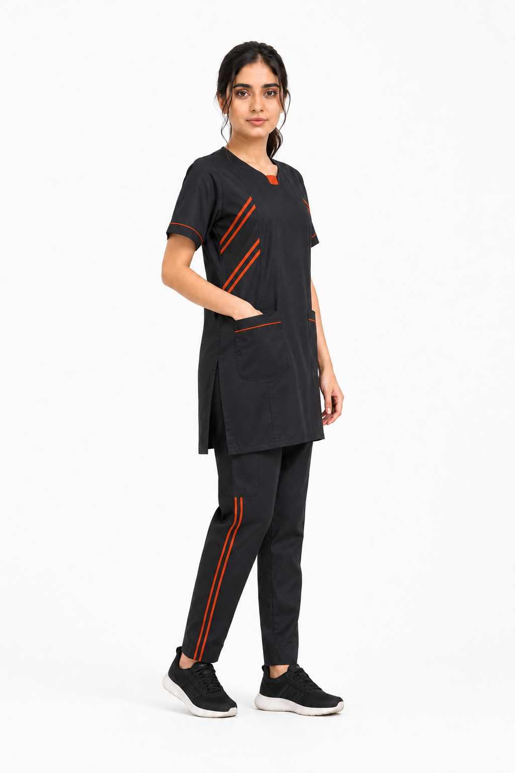 black ICU scrub set with pockets and orange side stripes
