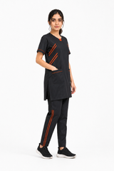 black ICU scrub set with pockets and orange side stripes