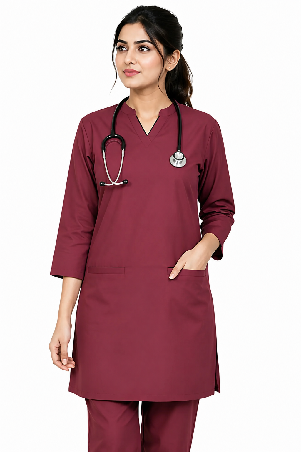 close-up of piped V-neckline and dual front pockets with stethoscope