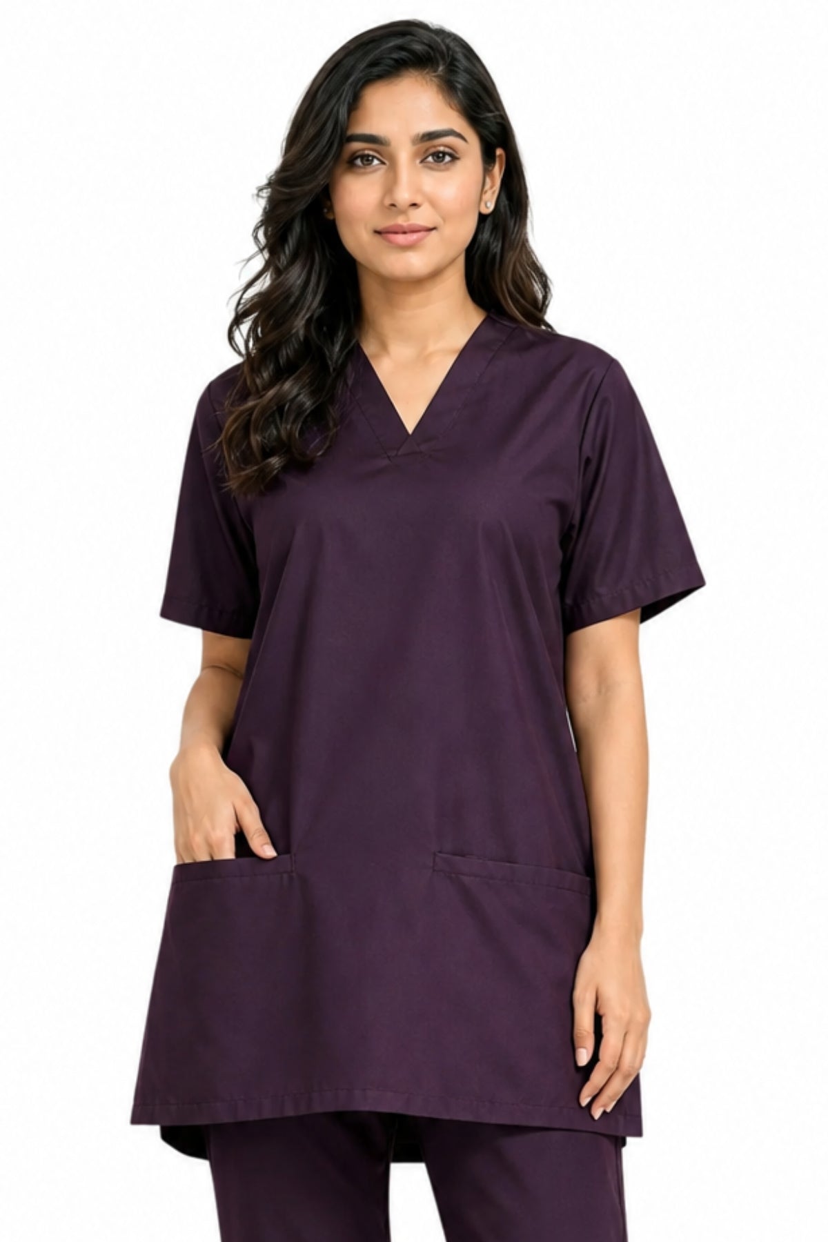 close front view of Clozzi Elegance-Fit V-neck scrub top with spacious lower pockets