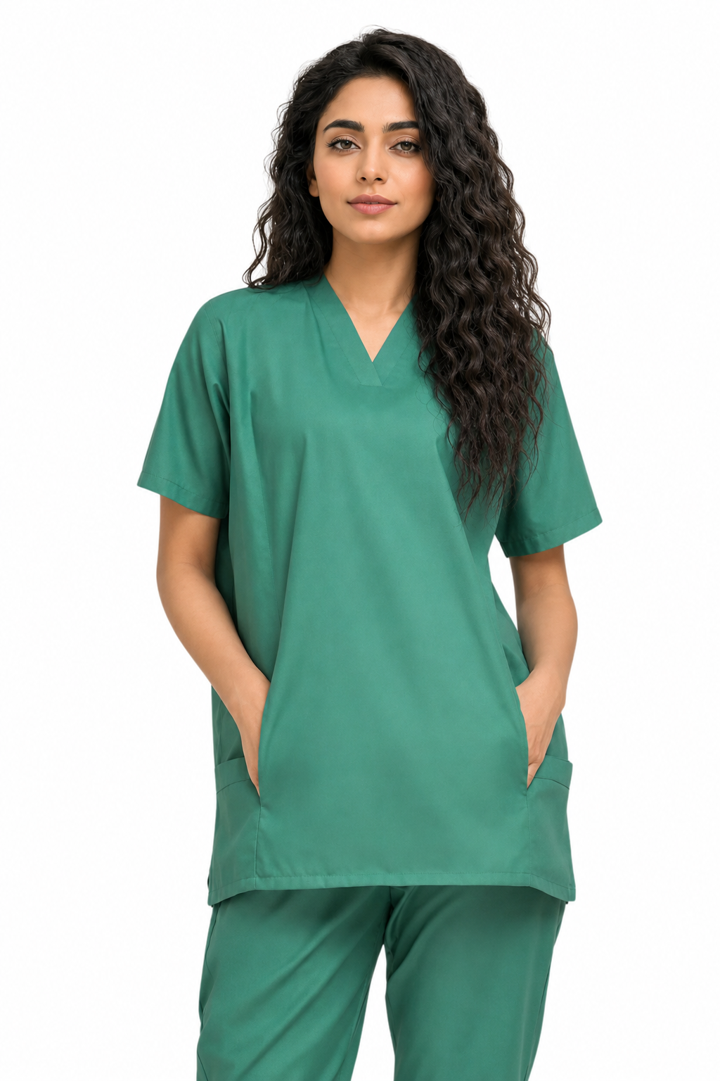 close front view of women’s scrub top with hands inside slash pockets