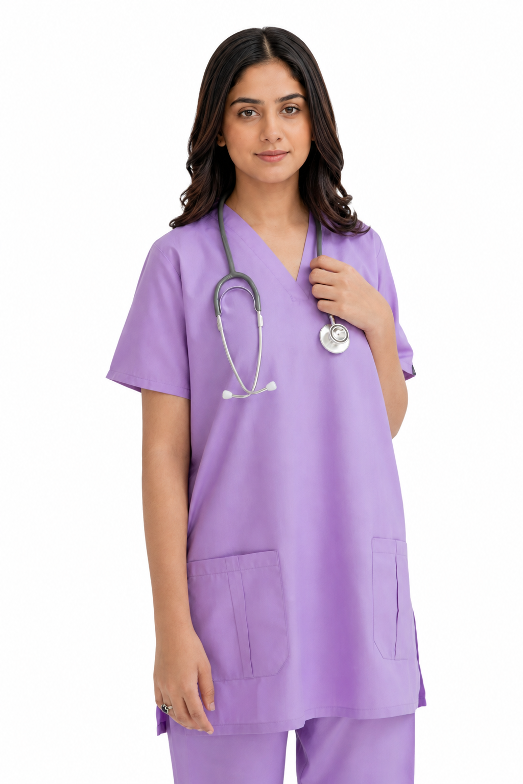 female healthcare professional wearing a pleat-pocket scrub top