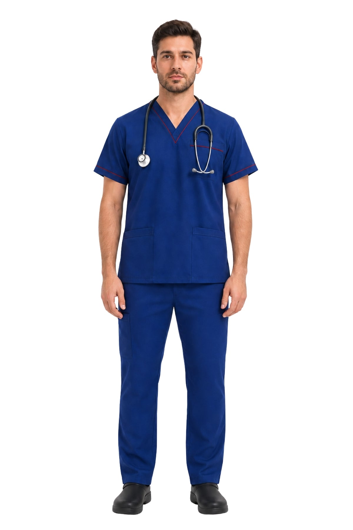 male cardiologist wearing a six-pocket scrub set with stethoscope
