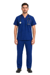 male cardiologist wearing a six-pocket scrub set with stethoscope