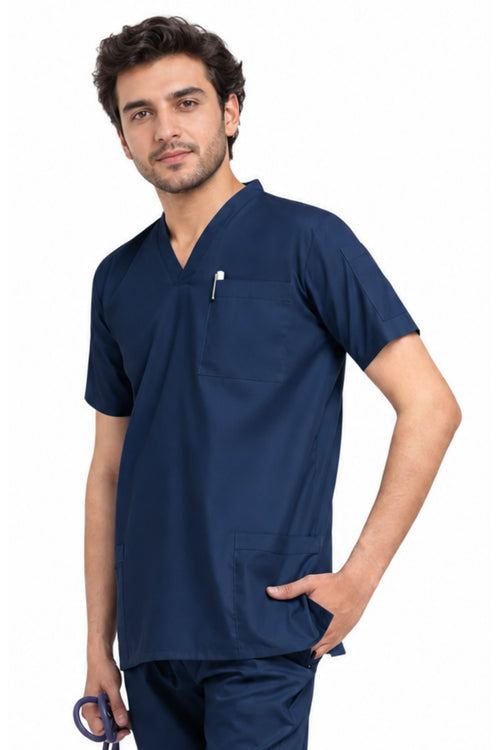 male healthcare professional wearing a V-neck medical scrub uniform three-quarter view