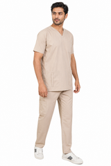 men’s beige cargo scrub set with chest, lower, and side trouser pockets