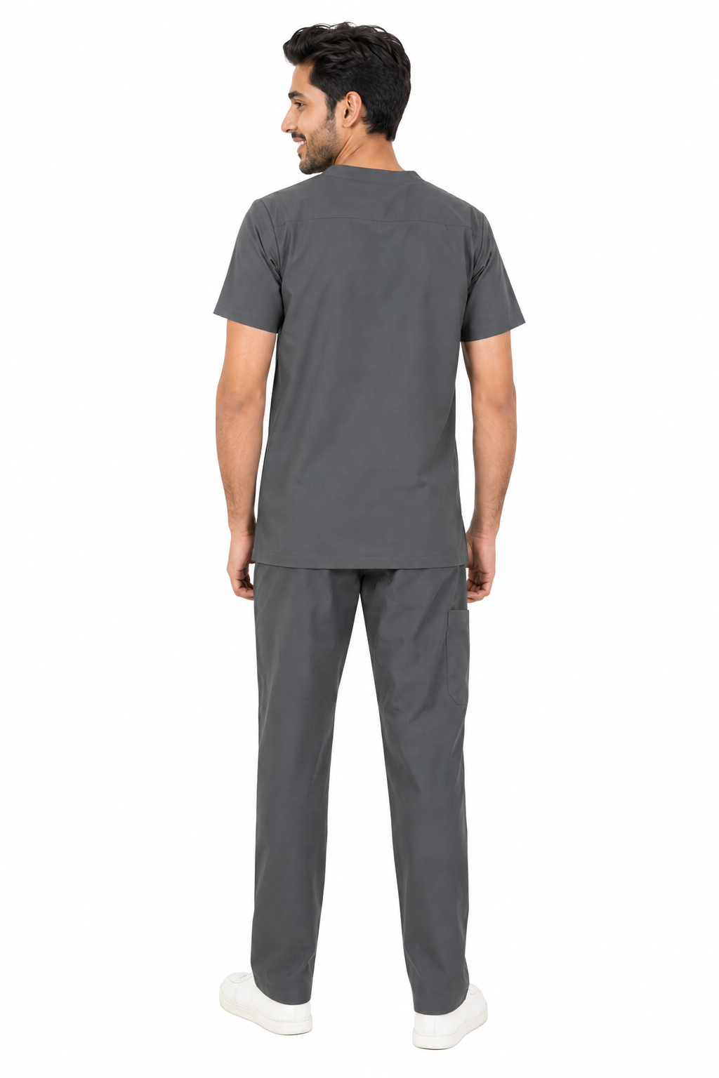 men’s grey CNS Specialist Cargo Scrub Set showing back fit and thigh pocket