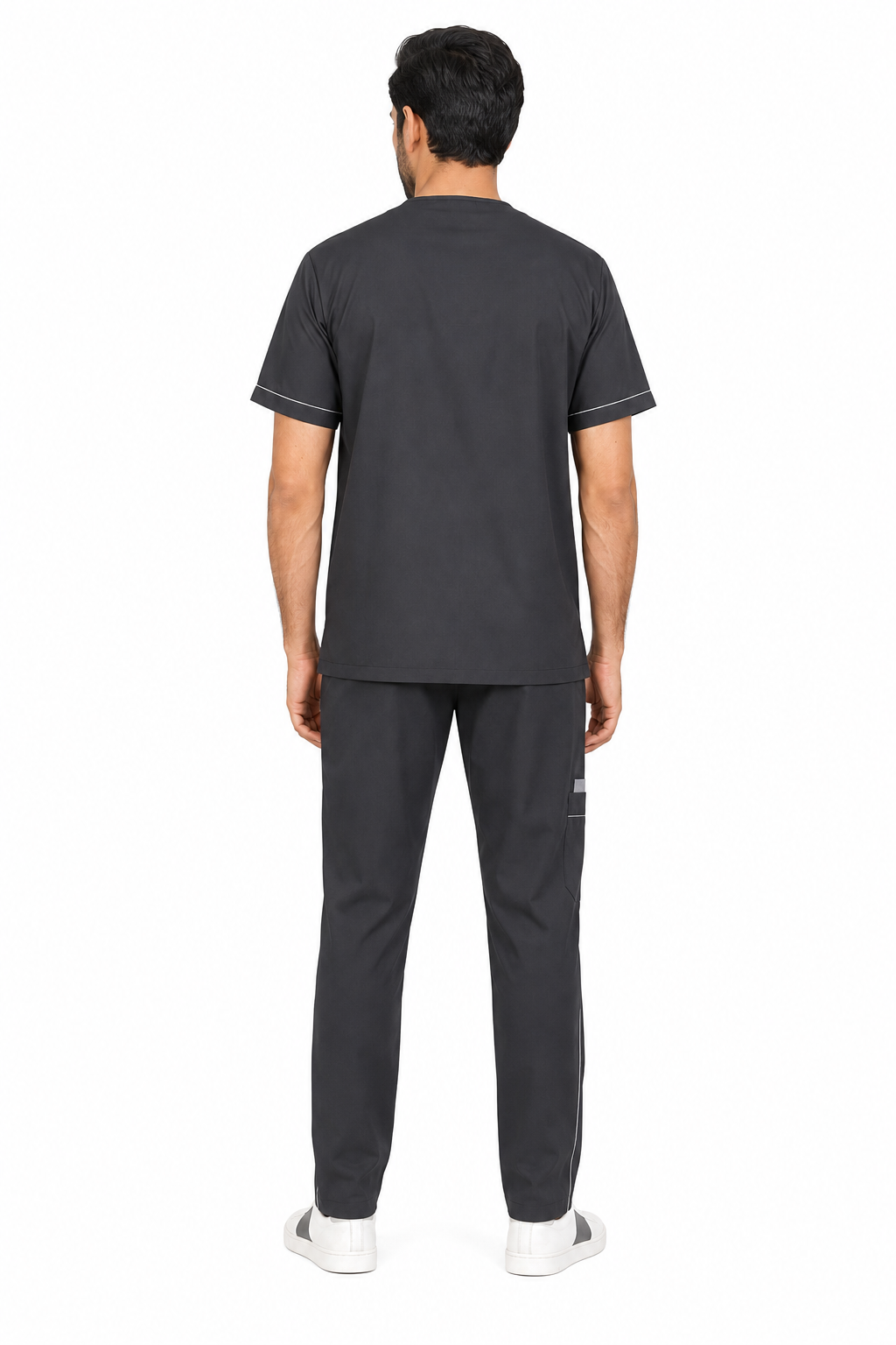 men’s pediatric medical scrub uniform rear view with piped sleeves and cargo pocket