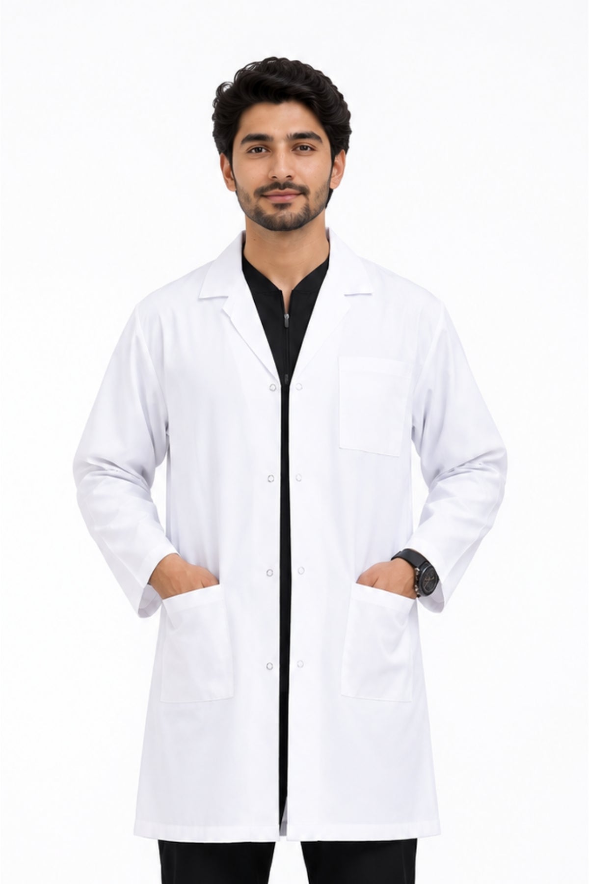 Clozzi men white clinical lab coat full front view patch pocket snap button breathable Pakistan