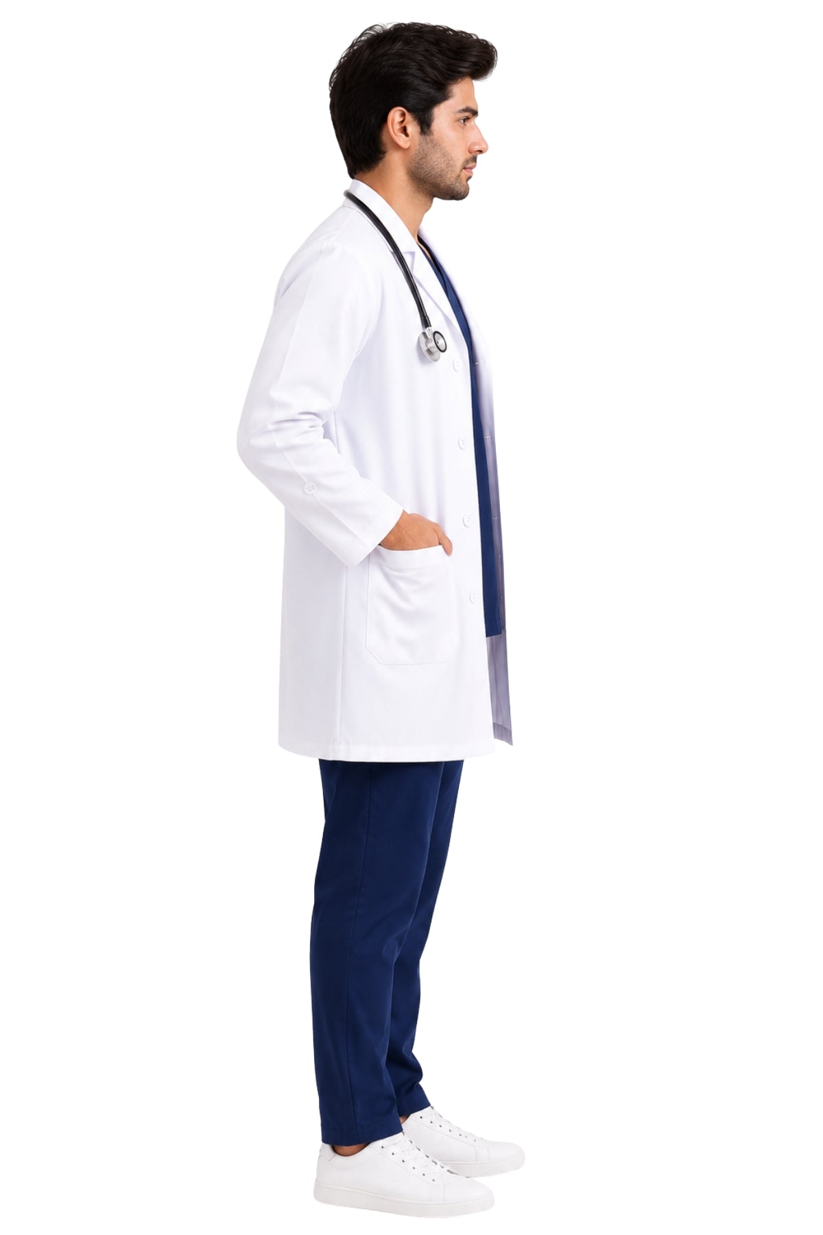 Clozzi men white doctor lab coat full side profile long sleeve lapel collar Pakistan