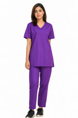 purple V-neck scrub top and straight-leg trousers front view