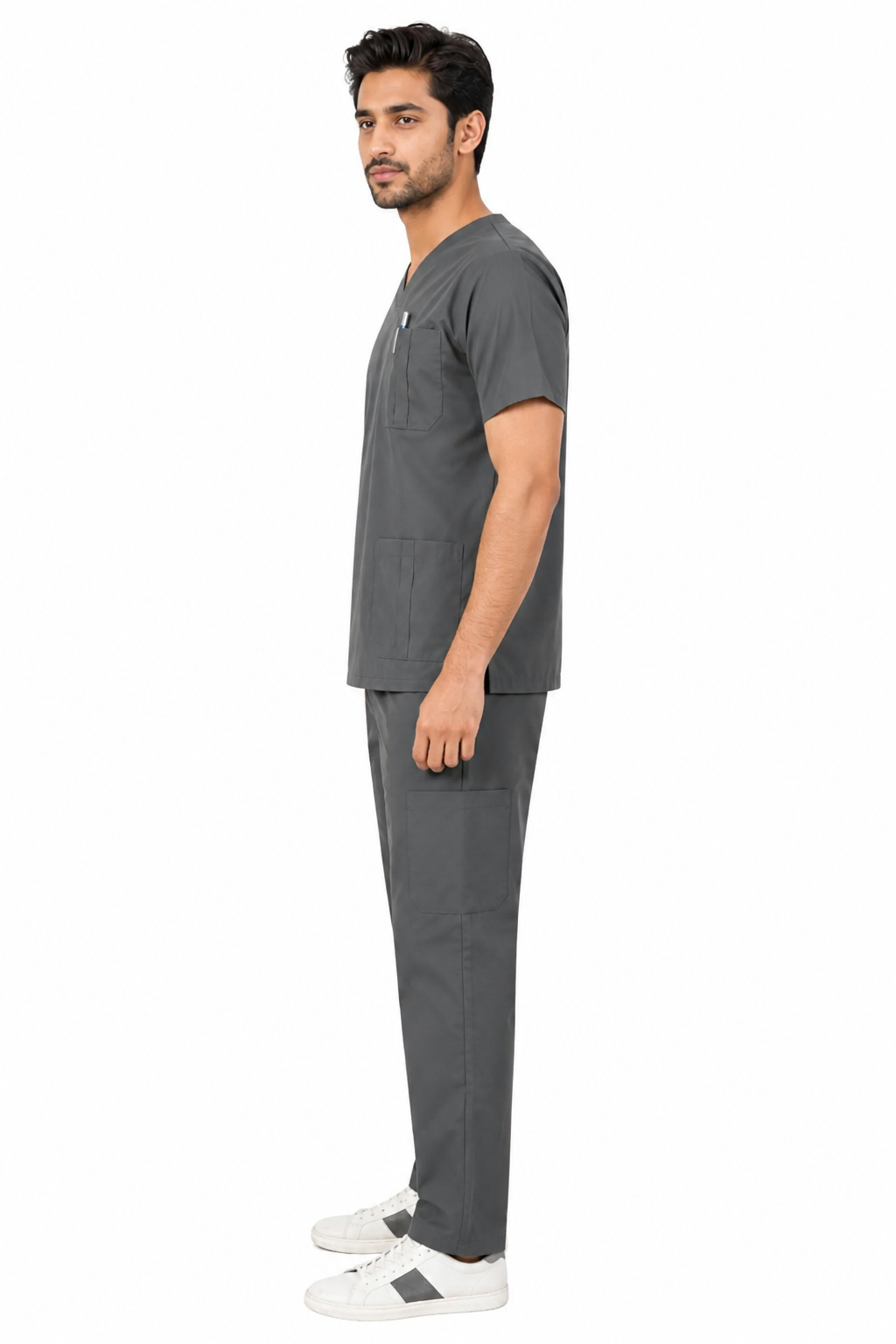 side view of men’s medical scrubs highlighting chest, lower, and cargo pockets