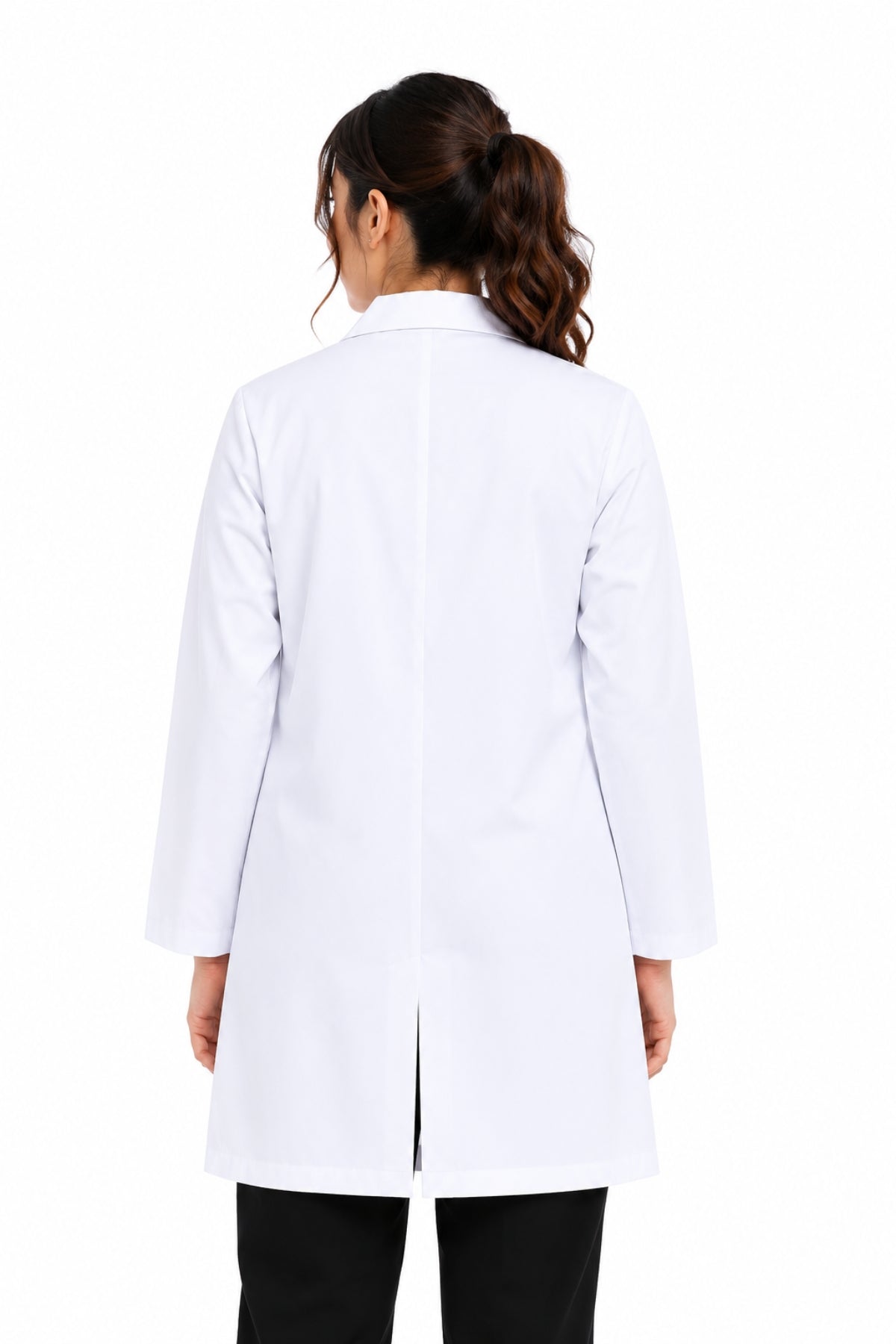 Clozzi unisex clinical lab coat back view side slit hem long sleeve white doctor coat Pakistan