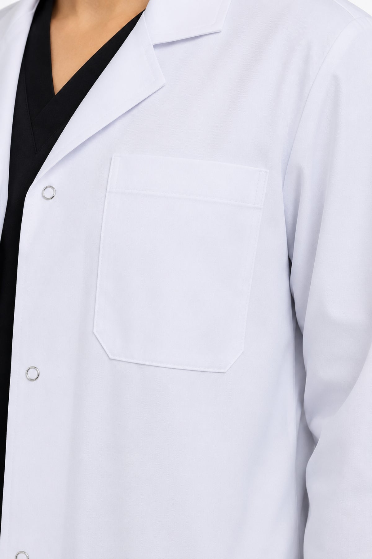 Clozzi unisex clinical lab coat chest pocket close up snap button detail white medical coat Pakistan