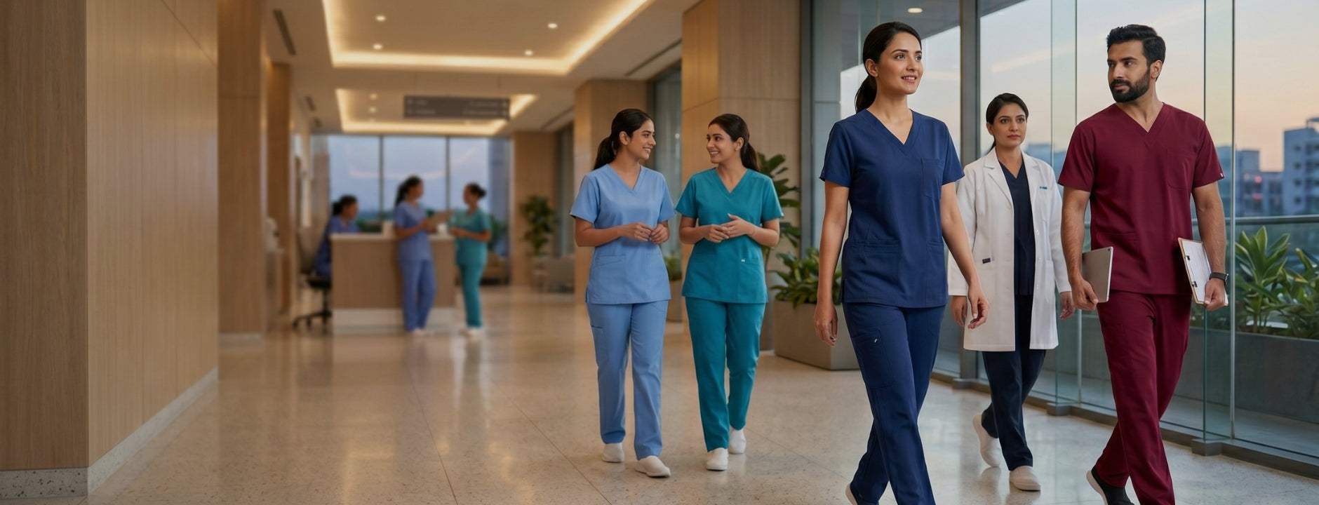 Coordinated team of Pakistani medical professionals walking in a modern hospital corridor, wearing premium healthcare scrubs and uniforms for a bulk purchase campaign.