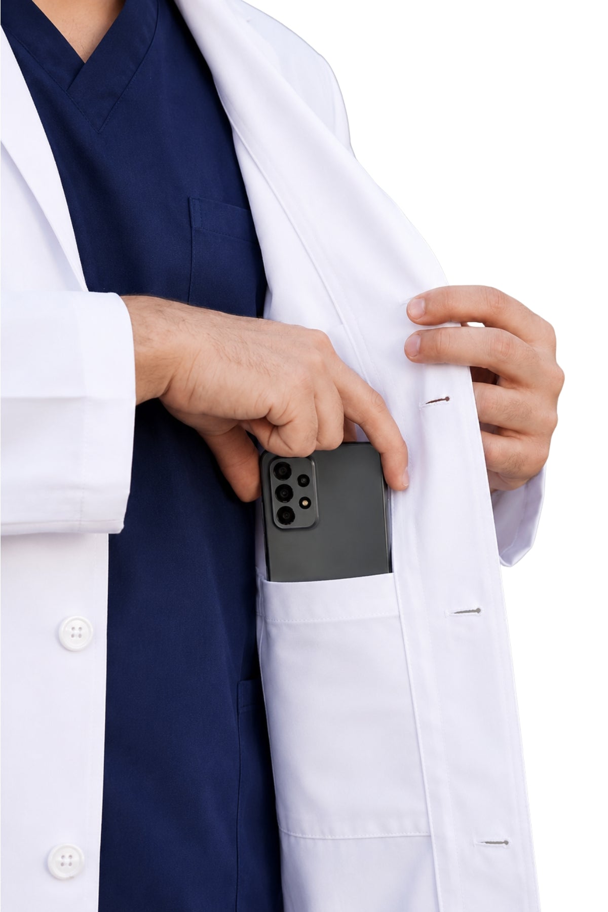 white doctor lab coat hidden interior phone pocket close up detail Pakistan