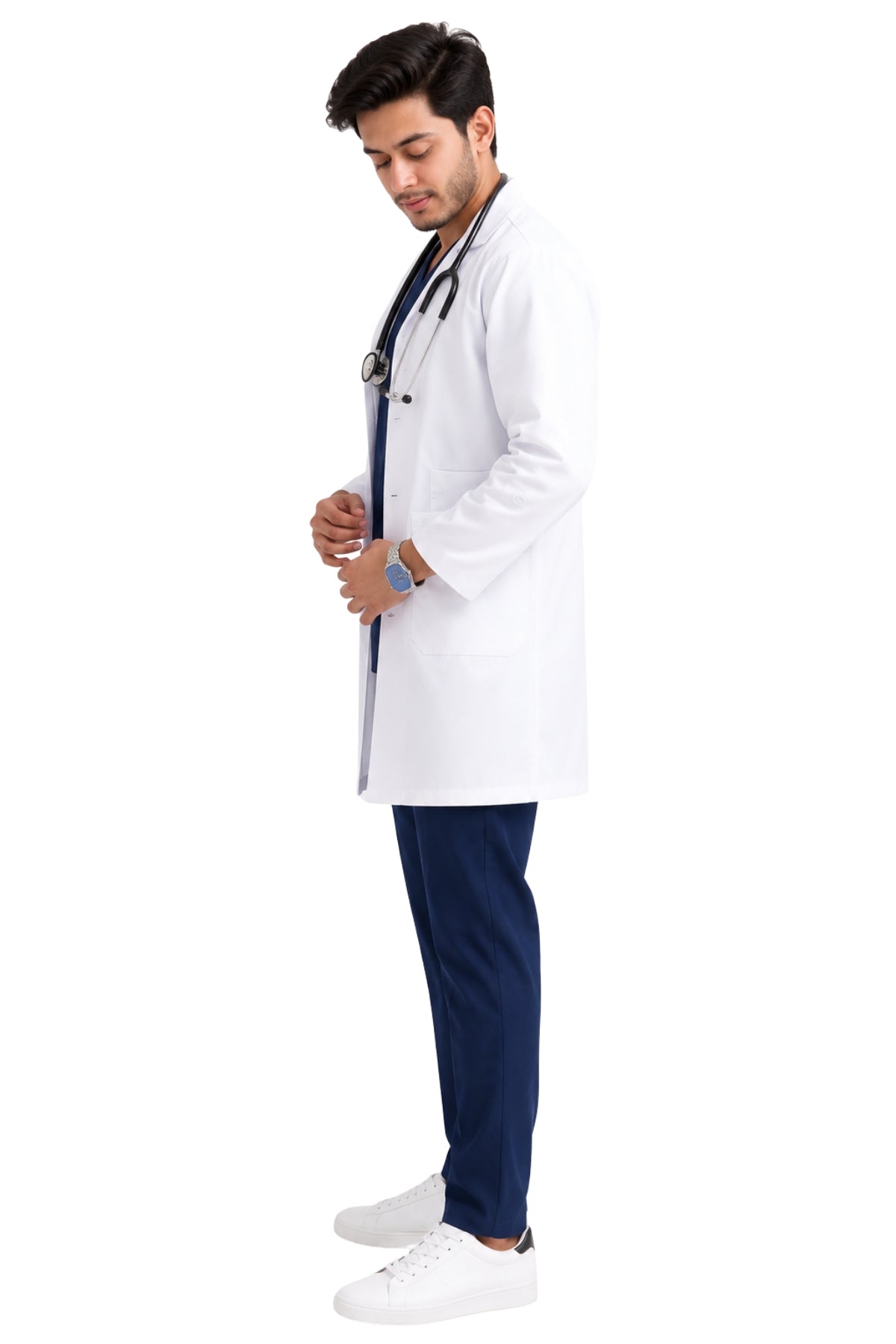 Clozzi men white lab coat side view button closure relaxed fit medical coat Pakistan