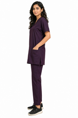 women’s V-neck medical uniform showing side pocket and tunic slit