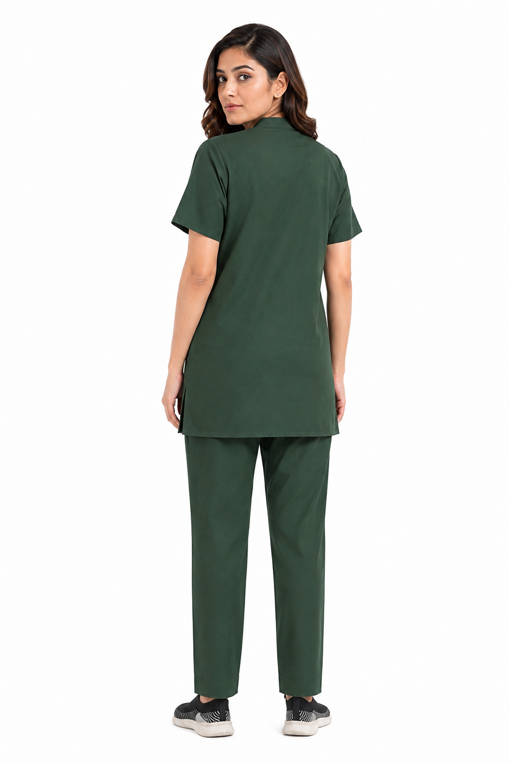 women’s clinic scrub top and straight-leg trousers back view
