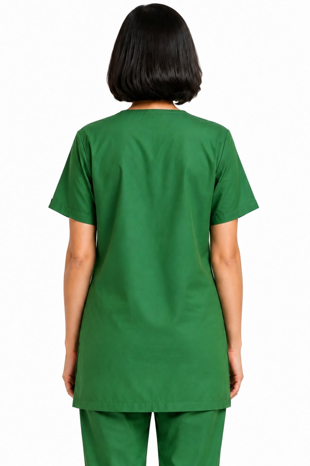 women’s long scrub top and trousers close-up back view