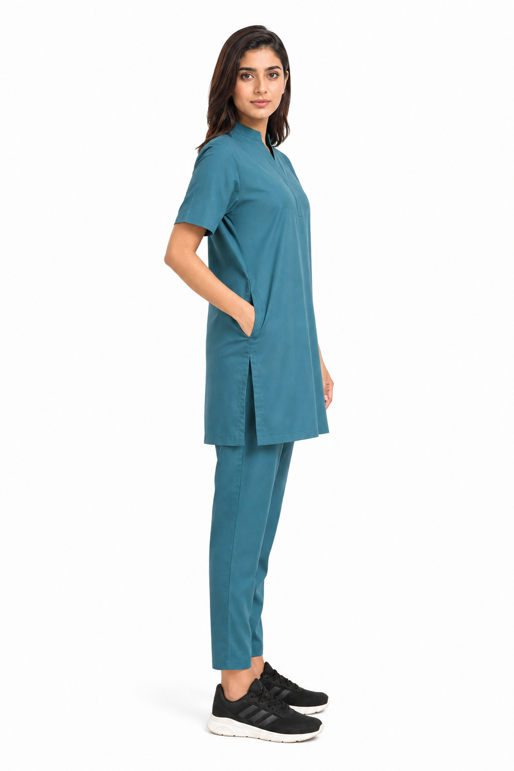 women’s long scrub top with side slit and pocket