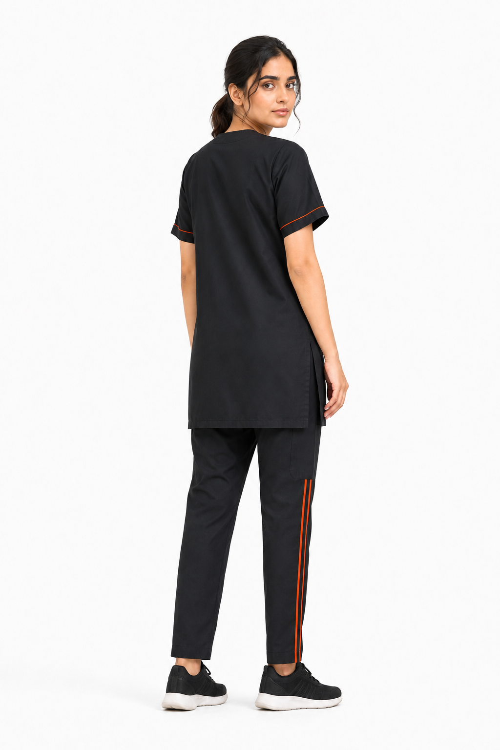 women’s medical scrub top and trousers back view